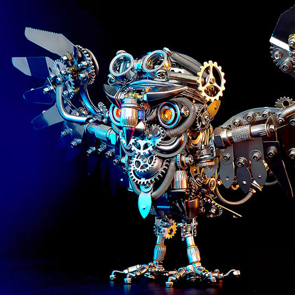 Standing metal model kit owl with intricate mechanical details, a captivating metallic 3D puzzle that embodies robust metal craftsmanship.