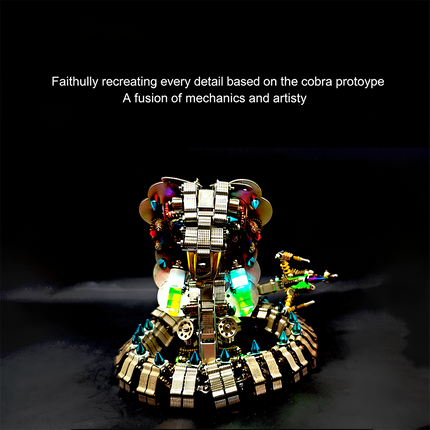 Mechanical Cobra 3D Puzzle Metal Kit - A striking fun toy for mechanics and art lovers, this DIY-assembled tabletop masterpiece faithfully recreates a cobra prototype with intricate metallic scales, glowing components, and colorful mechanical details. It embodies "a fusion of mechanics and artistry", challenging you to engineer a piece of boldness with precision. 