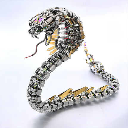 Dynamic shot of the "Mechanical Viper Shadow" maquette en metal snake, showcasing its flexible spine and intricate mechanical design from above.