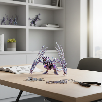 A partially assembled DIY metal model of a dragon with striking wings—a captivating 3D metal assembly kit—sits atop a modern-style desk surrounded by scattered metal parts and tools, showcasing an intriguing DIY project.
