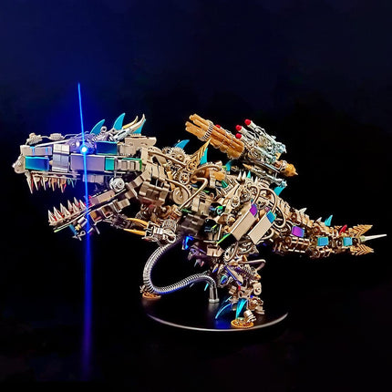 Illuminated dinosaur **3D metal puzzle** with intricate gears, showcasing a futuristic robotic design on a black background.