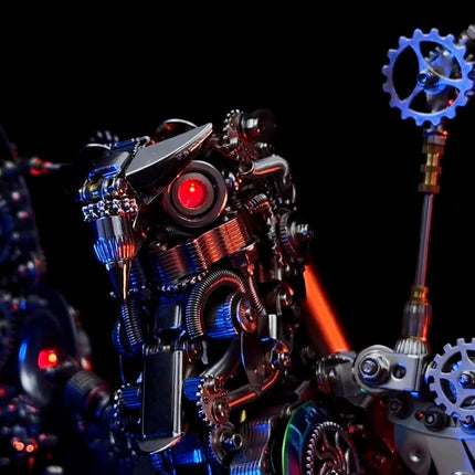 Close-up of a fearsome mechanical metal puzzle **owl head** with glowing red eyes, an impressive metal model kit featuring intricate details.