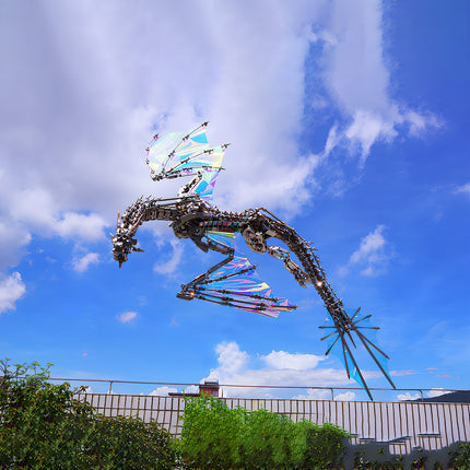 DIY 3D puzzle Metal Kits - Assembled "Bloodthirsty Aurora Dragon" metal model: Holographic iridescent wings, dynamic flying pose, crafted from precision 3D puzzle metal parts, premium DIY 3D puzzle kit finished display