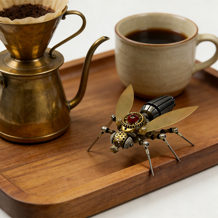 Steampunk puzzle bee metal model displayed on a wooden tray with a pour-over coffee setup, blending mechanical steampunk art with a morning ritual, a unique 3D puzzle for coffee lovers from metal kits.
