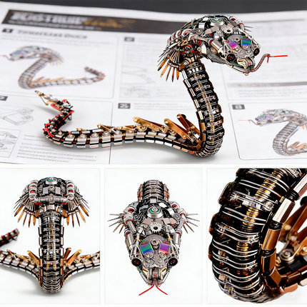 A detailed collage showcasing a steampunk mech snake maquette en metal from various angles, including a close-up of its intricate head with iridescent accents, and assembly instructions. This advanced 3D metal model kit provides a challenging steampunk puzzle for enthusiasts.