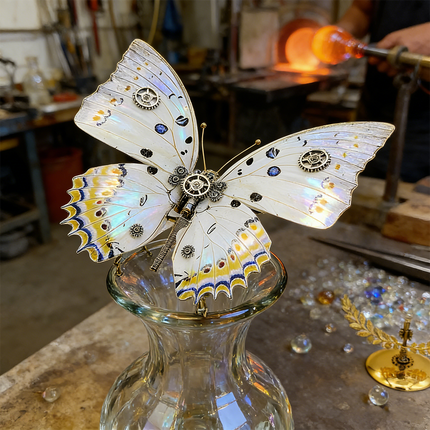 A stunning steampunk puzzle, a mechanical butterfly with iridescent white and gold wings, delicately balanced on a glass vase in a busy artisan's workshop. With a glassblower at work in the background, this intricate metal model highlights the masterful craftsmanship of mechanical steampunk creations, serving as both a challenging 3D puzzle Metal Kit and a unique steampunk mech art piece, inspiring creativity and skill.