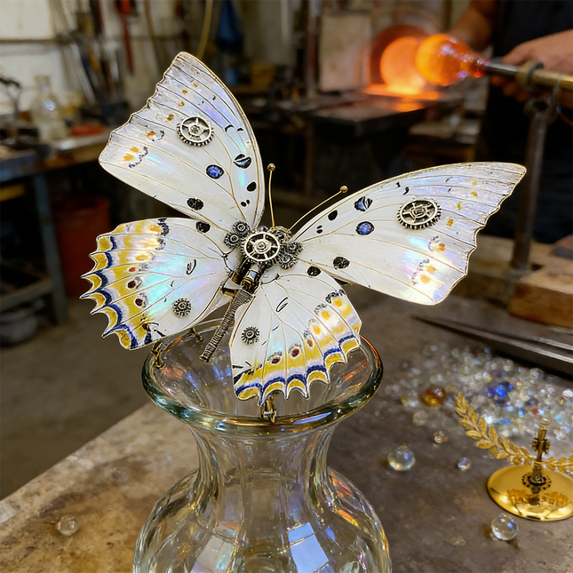 A stunning steampunk puzzle, a mechanical butterfly with iridescent white and gold wings, delicately balanced on a glass vase in a busy artisan's workshop. With a glassblower at work in the background, this intricate metal model highlights the masterful craftsmanship of mechanical steampunk creations, serving as both a challenging 3D puzzle Metal Kit and a unique steampunk mech art piece, inspiring creativity and skill.
