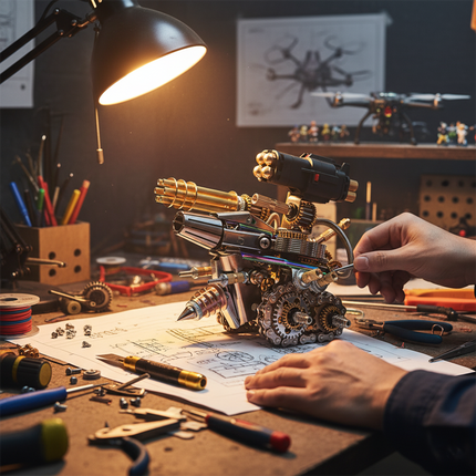 Both hands are assembling an intricate metal model of a Blast Tank, a challenging DIY 3D metal kit, on a workbench under bright lights, surrounded by tools.