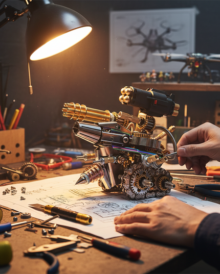 Both hands are assembling an intricate metal model of a Blast Tank, a challenging DIY 3D metal kit, on a workbench under bright lights, surrounded by tools.