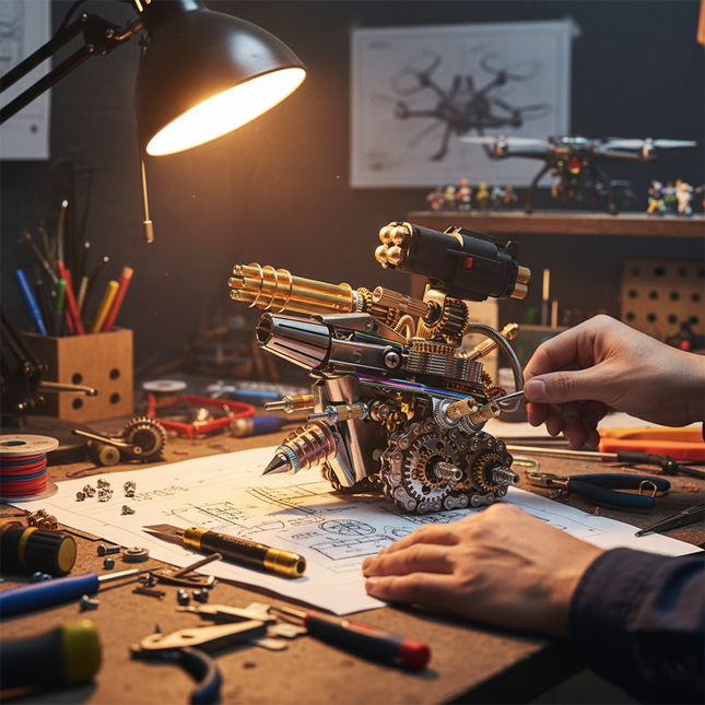 Both hands are assembling an intricate metal model of a Blast Tank, a challenging DIY 3D metal kit, on a workbench under bright lights, surrounded by tools.