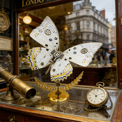 A magnificent steampunk puzzle, a mechanical butterfly with intricate white and gold wings and gear details, proudly displayed in a vintage shop window. Accompanied by a brass telescope and an antique pocket watch, this exquisite metal model perfectly embodies mechanical steampunk elegance, making it a highly desirable 3D puzzle Metal Kit or a stunning collectible steampunk mech, evoking the charm of old London.