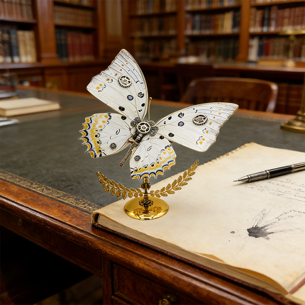 A classic steampunk puzzle, a mechanical butterfly with beautifully detailed white and yellow wings, gracefully presented on an antique ledger or journal on a distinguished wooden desk. This elegant metal model embodies the intricate beauty of mechanical steampunk artistry, serving as a charming decorative piece or a rewarding 3D puzzle Metal Kit, perfect for a scholarly setting and a unique steampunk mech collection.
