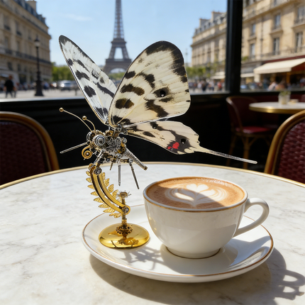 A dreamy scene featuring a steampunk puzzle, a magnificent mechanical butterfly with elegant black and white wings, placed on a chic cafe table in Paris, with the iconic Eiffel Tower in the background. Beside a perfectly crafted latte, this exquisite metal model highlights the romantic appeal of mechanical steampunk, serving as a charming decorative object or an engaging 3D puzzle Metal Kit, an ideal steampunk mech souvenir or gift.