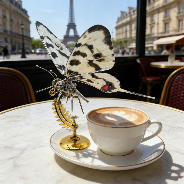 A dreamy scene featuring a steampunk puzzle, a magnificent mechanical butterfly with elegant black and white wings, placed on a chic cafe table in Paris, with the iconic Eiffel Tower in the background. Beside a perfectly crafted latte, this exquisite metal model highlights the romantic appeal of mechanical steampunk, serving as a charming decorative object or an engaging 3D puzzle Metal Kit, an ideal steampunk mech souvenir or gift.