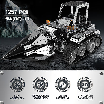 A 1257 pieces tracked mechanical drill vehicle metal model, built from 3D puzzle Metal Kits as an intricate steampunk puzzle steam punk mech kit.