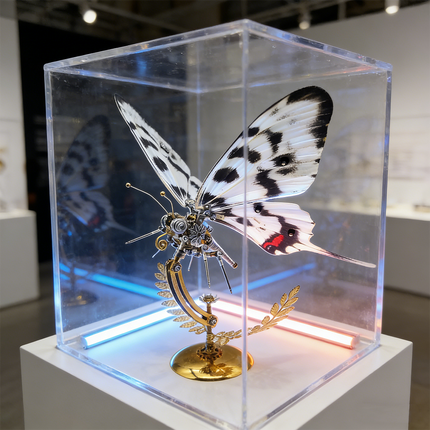 A striking steampunk puzzle, a sophisticated mechanical butterfly with detailed black and white wings, encased in a clear acrylic display box with subtle artistic lighting. This captivating metal model is presented as a featured exhibit, showcasing the intricate mechanical steampunk craftsmanship and its value as a collectible 3D puzzle Metal Kit or a unique steampunk mech for art and science enthusiasts.