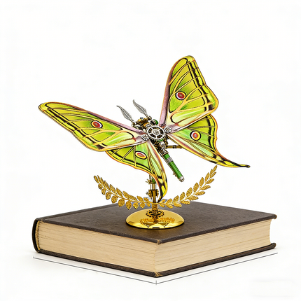A brilliant steampunk puzzle, a vividly colored mechanical Luna moth with striking green and yellow wings, elegantly posed on an antique book. This captivating metal model is a testament to sophisticated mechanical steampunk artistry, offered as both an engaging 3D puzzle Metal Kit and a unique steampunk mech decorative piece that inspires imagination and intellectual curiosity.