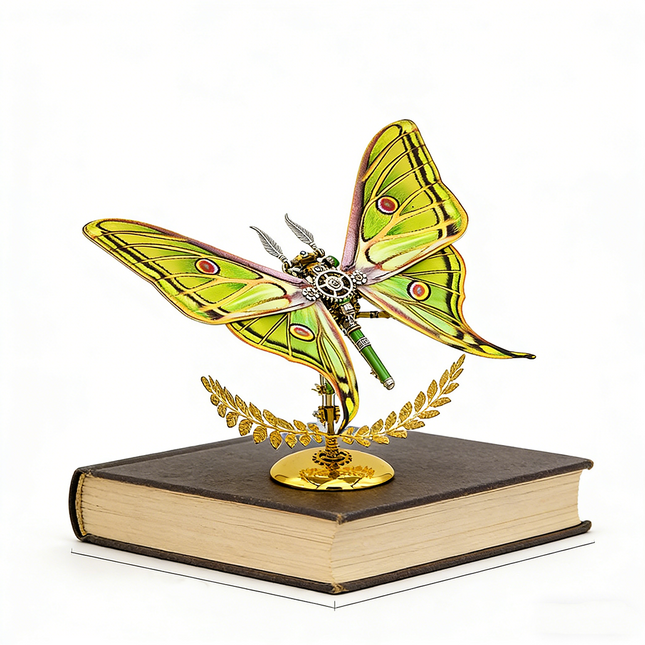 A brilliant steampunk puzzle, a vividly colored mechanical Luna moth with striking green and yellow wings, elegantly posed on an antique book. This captivating metal model is a testament to sophisticated mechanical steampunk artistry, offered as both an engaging 3D puzzle Metal Kit and a unique steampunk mech decorative piece that inspires imagination and intellectual curiosity.