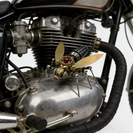 Steampunk puzzle bee metal model resting on a motorcycle engine, a perfect blend of mechanical steampunk art and engineering, a cool 3D puzzle for vehicle enthusiasts from metal kits.