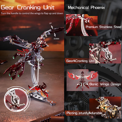 Infographic of a "Mechanical Phoenix" metal model kit, featuring a "Gear Cranking Unit" for wing movement, "Premium Stainless Steel" construction, and a "Bionic Wings Design." This red metallic 3D puzzle highlights interactive mechanics.
