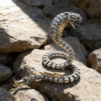 A coiled steampunk mech snake maquette en metal with golden scales and intricate details, resting on sunlit rocks outdoors. This highly detailed 3D metal model kit offers a captivating steampunk puzzle for display in natural settings.