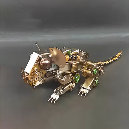  A golden mechanical mouse metal model kit, featuring a steampunk aesthetic with visible gears and springs. This metallic 3D puzzle is a unique desk ornament.