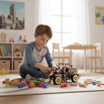 This Mechanical Loader 3D Metal Puzzle Kit from Table Funny features an interlocking metal part design with yellow-and-white-accented wheels, replicating the structure of a mechanically textured loader.Table Funny specializes in creating interactive, screen-free build-and-play kits that merge mechanical engineering aesthetics with realistic engineering loader designs.