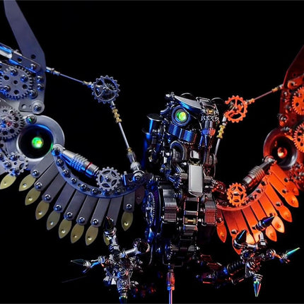 Striking metal model kit bird with contrasting glowing wings, an impressive metallic 3D puzzle / puzzle métallique 3d that highlights intricate mechanical metal work.