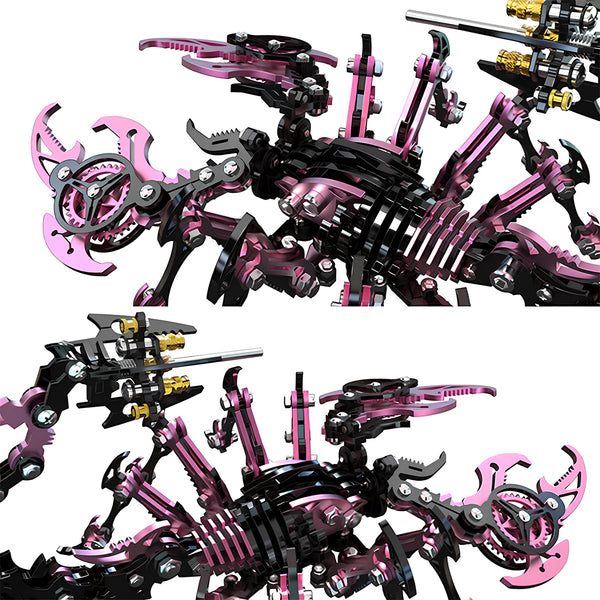 Two views of a unique pink and black mechanical scorpion, an artistic metallic 3D puzzle, showcasing its detailed construction as a metal model kit.
