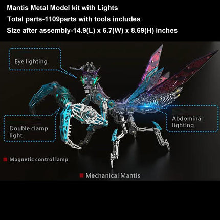 Infographic showing specifications of a Mantis **metal model kit** with 1109 parts, featuring magnetic control lights on eyes and clamps.