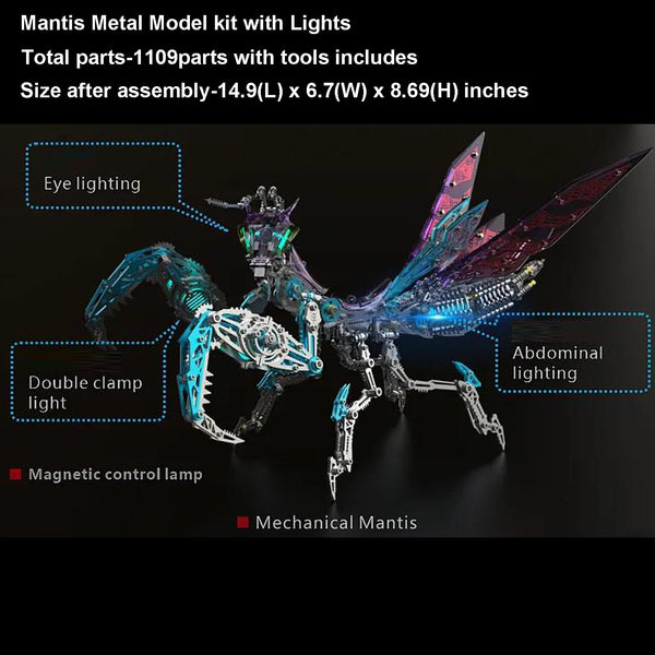 Infographic showing specifications of a Mantis **metal model kit** with 1109 parts, featuring magnetic control lights on eyes and clamps.