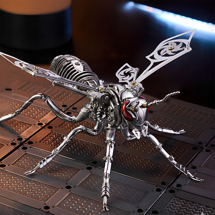 his Cyberpunk Mechanical Wasp 3D Puzzle Metal Kit features a sleek silver design with exposed mechanical gears, ornate wing patterns, and striking red accents. Set against an industrial-style surface, the finished product, with its intricate structural details and dynamic pose, serves as a striking focal point for your desk or funny table. Blending insect aesthetics with cyberpunk industrial art, it’s perfect for sci-fi lovers and puzzle enthusiasts