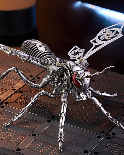 his Cyberpunk Mechanical Wasp 3D Puzzle Metal Kit features a sleek silver design with exposed mechanical gears, ornate wing patterns, and striking red accents. Set against an industrial-style surface, the finished product, with its intricate structural details and dynamic pose, serves as a striking focal point for your desk or funny table. Blending insect aesthetics with cyberpunk industrial art, it’s perfect for sci-fi lovers and puzzle enthusiasts