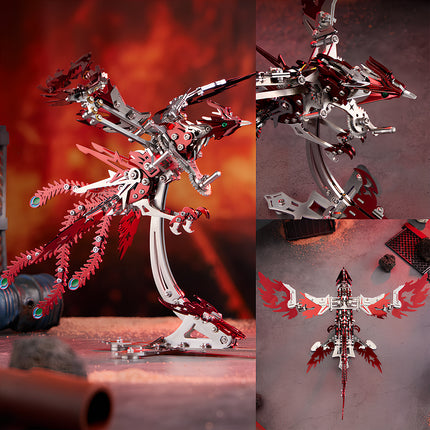 A dynamic collage featuring a red mechanical phoenix metal model kit. The images showcase its striking design, detailed head, and impressive wings, making it a captivating metallic 3D puzzle.