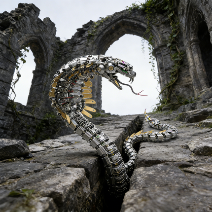  A formidable steampunk mech snake maquette en metal emerges from a crack in ancient stone ruins with arched gateways, featuring golden accents and a striking posture. This large-scale 3D metal model kit presents an epic steampunk puzzle within a dramatic setting.