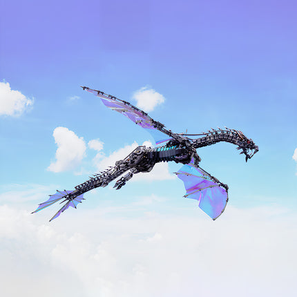 A majestic mechanical dragon metal model kit, featuring dazzling wings, soars gracefully against a backdrop of blue skies and white clouds. This fantasy-inspired DIY 3D puzzle is an artistic and entertaining display piece, bringing an air of adventure to any space.