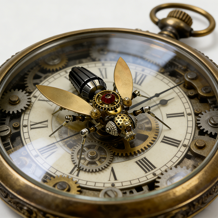 Steampunk puzzle bee metal model placed on an antique pocket watch face, beautifully integrating mechanical steampunk aesthetics with classic timepieces, a timeless 3D puzzle from metal kits.
