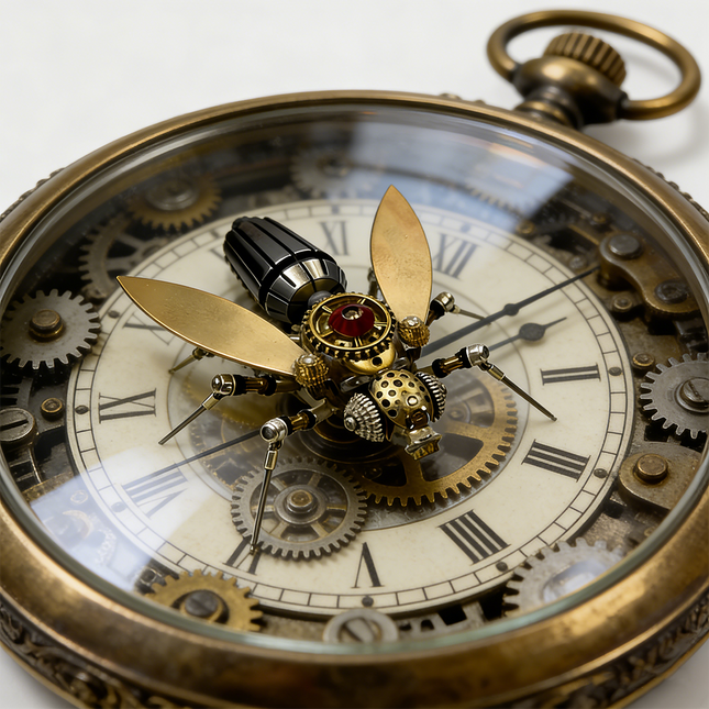 Steampunk puzzle bee metal model placed on an antique pocket watch face, beautifully integrating mechanical steampunk aesthetics with classic timepieces, a timeless 3D puzzle from metal kits.