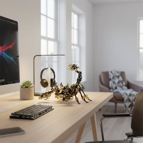 A stunning golden and black mechanical scorpion, a completed metal model kit, displayed as a desk ornament in a modern office. This intricate metallic 3D puzzle adds a unique touch.