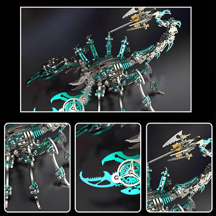 Size dimensions for the blue mechanical scorpion **metal model kit** (7.09in x 6.69in x 4.33in), showing the scale of this complex **puzzle mécanique métal**.