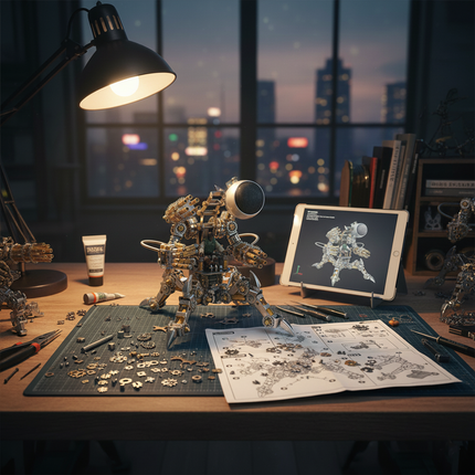 A complex DIY steampunk robot metal model 3D puzzle kit in progress on a funny table, surrounded by tools and instructions, showcasing a detailed metal kit for enthusiasts
