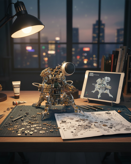 A complex DIY steampunk robot metal model 3D puzzle kit in progress on a funny table, surrounded by tools and instructions, showcasing a detailed metal kit for enthusiasts