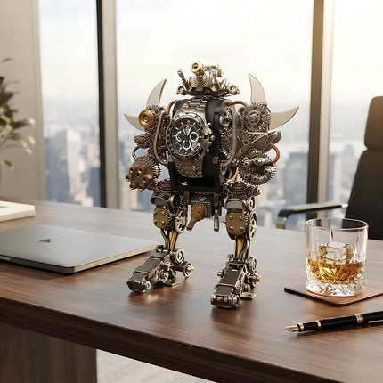 A steampunk 3D metal mechanical mech model featuring a watch face design displayed on an executive office wooden desk next to a laptop.