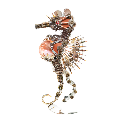 This Steampunk Mechanical Seahorse 3D Puzzle Metal Kit features an intricate design, combining interlocking gears, mechanical components, and a glowing spherical element with a warm pinkish hue. The metallic textures and elaborate gear arrangements create a striking visual appeal. Set on your funny table as a focal display, it blends steampunk industrial art with whimsical creativity—serving as both a challenging assembly project and a distinctive decorative piece.