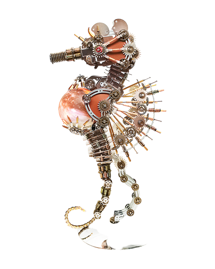 This Steampunk Mechanical Seahorse 3D Puzzle Metal Kit features an intricate design, combining interlocking gears, mechanical components, and a glowing spherical element with a warm pinkish hue. The metallic textures and elaborate gear arrangements create a striking visual appeal. Set on your funny table as a focal display, it blends steampunk industrial art with whimsical creativity—serving as both a challenging assembly project and a distinctive decorative piece.