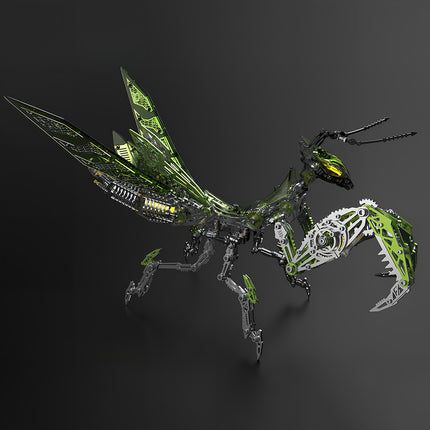 A dynamic full-body view of the "Biomimetic Green" Mecho-Mantis Metal Kit, showcasing its intricate design as a DIY 3D puzzle, an impressive and funny table decoration.