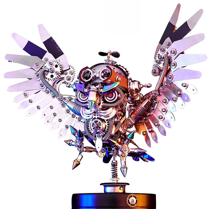 Vibrant metal model kit owl on display stand, an engaging metallic 3D puzzle / puzzle métallique 3d with detailed mechanical features.