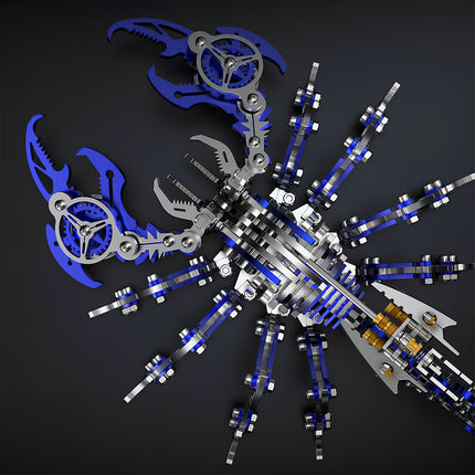 Top-down view of a blue mechanical scorpion **metal model kit**, displaying the intricate gear body structure and legs of this **puzzle mécanique métal**.