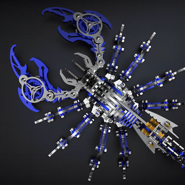 Top-down view of a blue mechanical scorpion **metal model kit**, displaying the intricate gear body structure and legs of this **puzzle mécanique métal**.