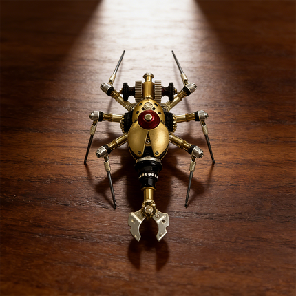 Top-down view of a mechanical steampunk beetle metal model with articulated claws, showcasing its intricate steampunk puzzle design, a challenging 3D puzzle from metal kits on a wooden surface.